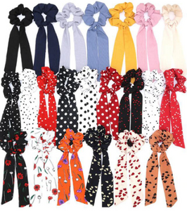 Bohemian Polka Dot Floral Printed Ribbon Bow Hair Scrunchies Women Elastic Hair Band Scarf Hair Rope Ties Girls Hair Accessories