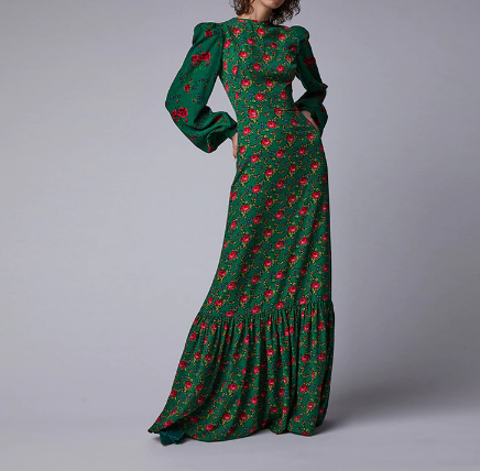 Plus Size Bohemian Floral Printed Dresses for Women Green Long Sleeve Party Maxi Dresses Vintage Lantern Sleeve Vestidos