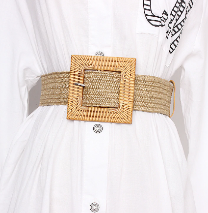 2019 Summer Elastic Imitate Woven Straw Waist Belts Square Buckle Adjustable Woven-straw Waistband Bohemian Beach Dress Belts