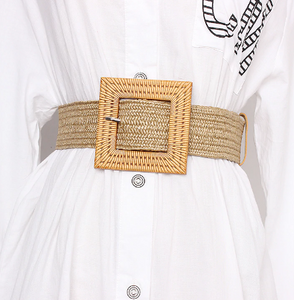 2019 Summer Elastic Imitate Woven Straw Waist Belts Square Buckle Adjustable Woven-straw Waistband Bohemian Beach Dress Belts