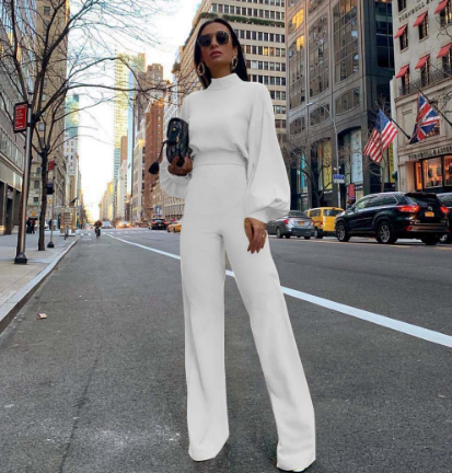 Casual Women Jumpsuit Solid Long Lantern Sleeve Jumpsuits Autumn Ladies High Waisted Playsuit Bohemian Yellow Black White