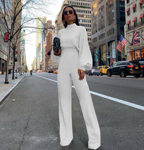 Casual Women Jumpsuit Solid Long Lantern Sleeve Jumpsuits Autumn Ladies High Waisted Playsuit Bohemian Yellow Black White